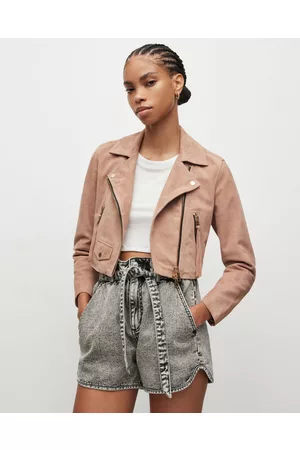 AllSaints Women Leather Jackets - Elora Cropped Suede Biker Jacket
