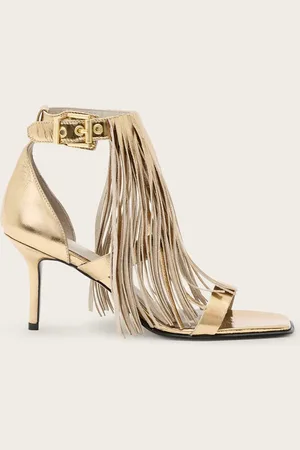 AllSaints Paola Fringed Metallic Leather Heeled Sandals
