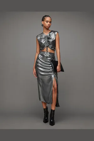 AllSaints Carla Gathered Metallic Midi Skirt