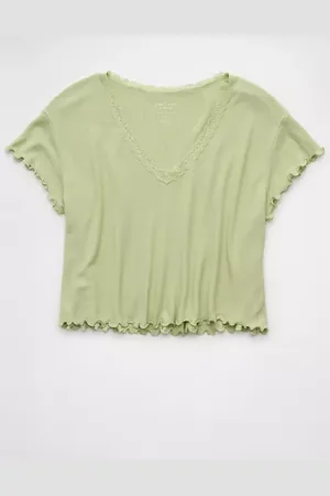American Eagle Outfitters Soft Sexy V-Neck Cropped Waffle T-Shirt Women