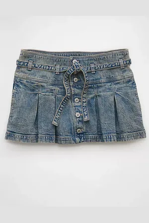American Eagle Outfitters Stretch Low-Rise Belted Pleated Denim Mini Skirt Women