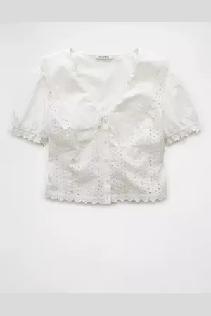 American Eagle Outfitters Short-Sleeve Ruffle Collar Eyelet Crop Top Women