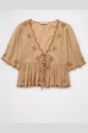 American Eagle Outfitters Embroidered Tie Front V-Neck Blouse Women