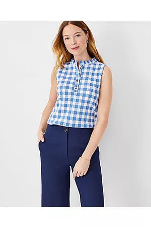 ANN TAYLOR Women Plaid shirts - Petite Plaid Ruffle Neck Button Shell Top