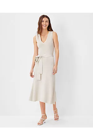 ANN TAYLOR Women Casual Dresses - Petite Shimmer Belted V-Neck Sweater Dress
