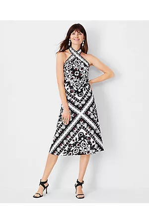 ANN TAYLOR Women Printed & Patterned Dresses - Petite Scarf Print Linen Blend Crossover Halter Dress