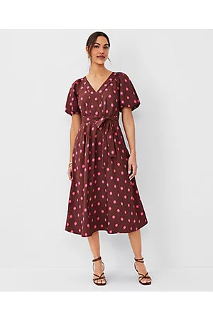 ANN TAYLOR Women Puff Sleeve & Puff Shoulder Dresses - Petite Dotted Puff Sleeve Belted Flare Dress