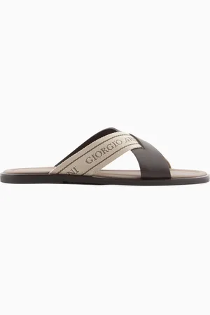Giorgio Armani Leather cross sandals with two-toned tape