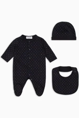 Emporio Armani Gift set of an all-over op-art eagle onesie, bib and beanie
