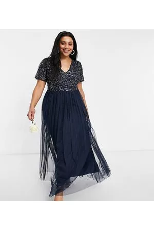 Maya Bridesmaid short sleeve maxi tulle dress with tonal delicate sequins in taupe navy