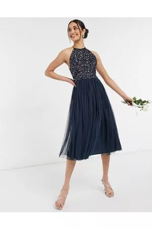 Maya Bridesmaid halter neck midi tulle dress with tonal delicate sequins in navy