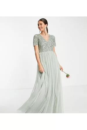 Maya Women Maxi Dresses - Bridesmaid short sleeve maxi tulle dress with tonal delicate sequins in sage