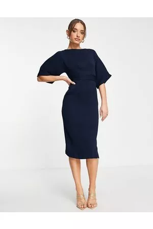 Closet Ribbed pencil dress with tie belt in navy