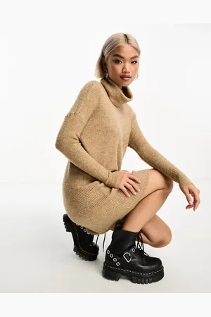 ONLY Roll neck knitted mini sweater dress in beige