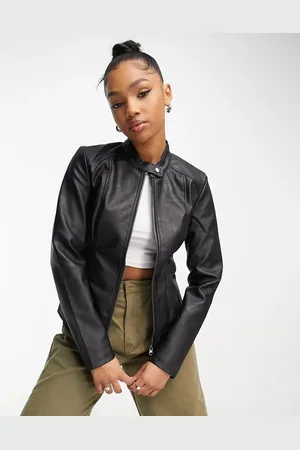 JDY Collarless faux leather jacket in
