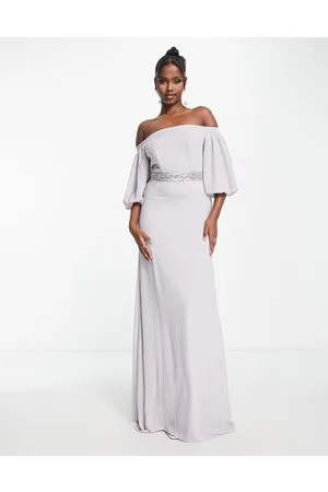 TFNC Bridesmaid bardot chiffon maxi dress with embellished waist in