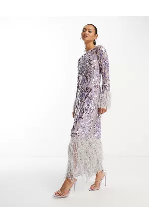 ASOS Women Midi Dresses - Sequin and faux feather fringe midi dress in lilac