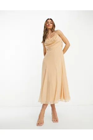 ASOS Women Midi Dresses - Corset midi dress with soft cowl front in warm tan