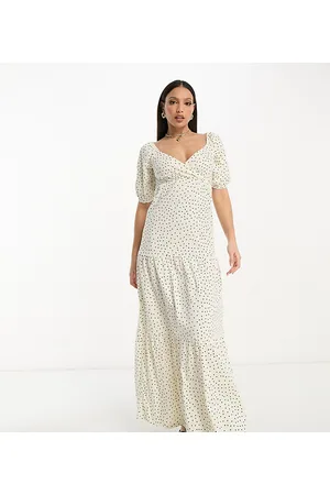 ASOS Women Casual Dresses - ASOS DESIGN Tall short sleeve wrap tiered midi dress in white base spot