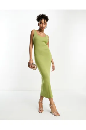 Pretty Lavish Women Knitted Dresses - Soft ribbed knitted midaxi dress in olive