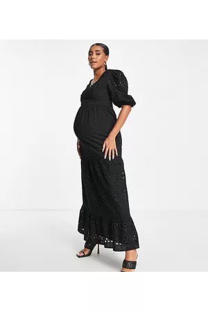ASOS Women V-Neck Dresses - ASOS DESIGN Maternity plunge eyelet tiered midi dress with button neck in