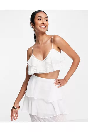 ASOS Women Camisoles - Soft ruffle cami crop top with lace inserts in ivory - part of a set