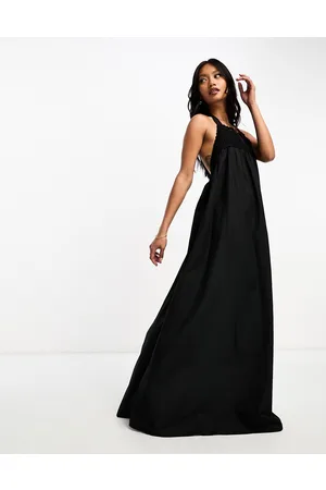 ASOS DESIGN satin halter maxi dress with fringe scarf detail in black