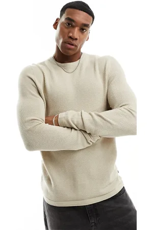 Only & Sons Crew neck textured knit sweater in beige
