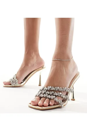 Silver Wide Fit Spiral Mid Block Heel Sandals