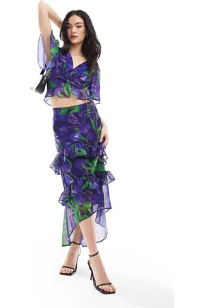 HOPE & IVY Drew ruffle midi skirt in & green - part of a set