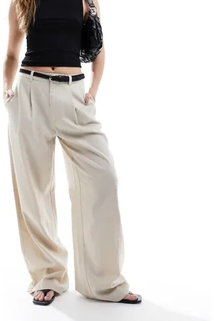 Stradivarius Belted linen mix pants in natural