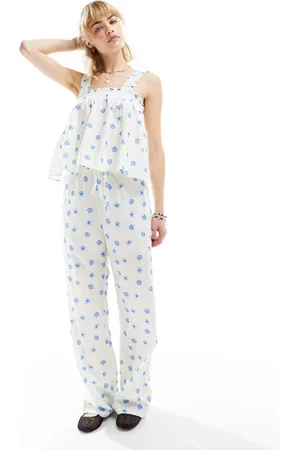 Glamorous Tie waist wide leg relaxed pants in blue ditsy - part of a set