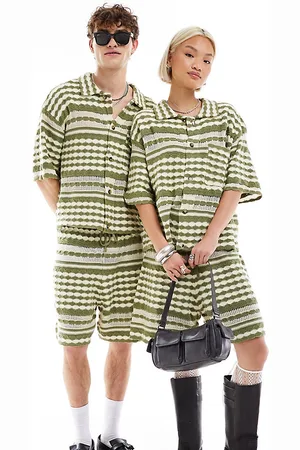 Reclaimed Unisex knit shorts in stripe crochet