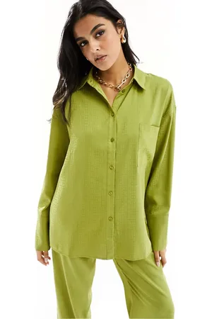 4th & Reckless Satin flared sleeve oversized shirt in lime - part of a set
