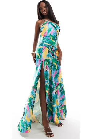 True Violet Satin one shoulder slip maxi dress in abstract print