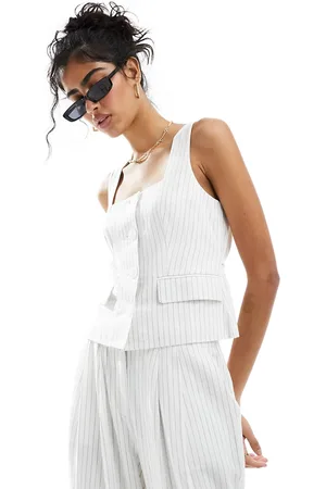 4th & Reckless Linen look square neck vest in pinstripe - part of a set