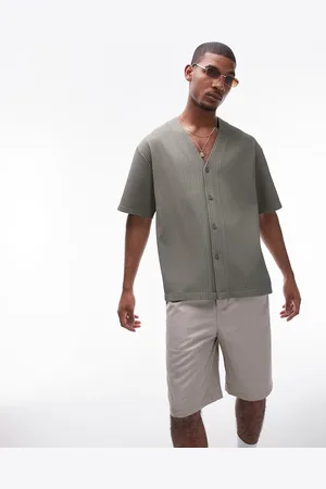 Topman Short sleeve collarless plisse shirt in khaki