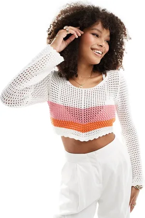 ONLY Long sleeve open knit crop top in with stripe