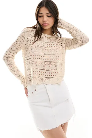 JDY Open knit scallop edge top in beige