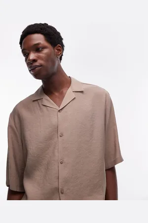 Topman Short sleeve relaxed satin shirt in camel
