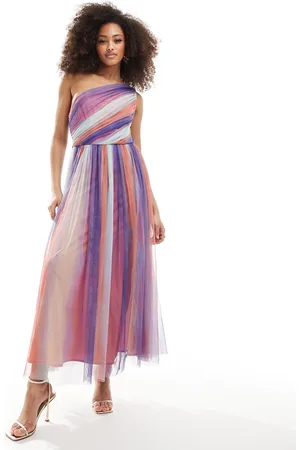 ANAYA One shoulder tulle midaxi with split in colored stripe