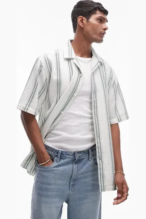 Topman Short sleeve crochet stripe shirt in green