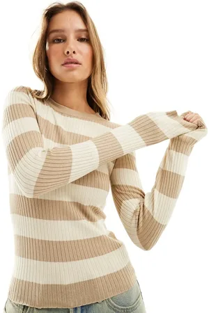 JDY Ribbed long sleeve top in tonal beige stripe