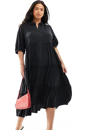 Yours Tiered button maxi dress in charcoal