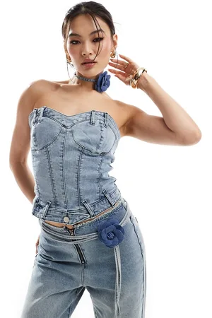 Simmi London Simmi denim structured sweetheart neck corset top with corsage choker in light wash - part of a set