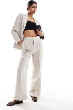 MANGO Linen mix striped straight leg pants in beige - part of a set
