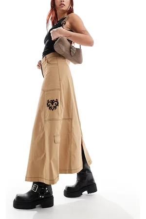 COLLUSION Ripstop maxi skirt with contrast stitch and embroidery emblem in camel