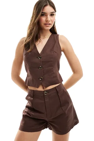 SNDYS Linen tie waist detail vest set in chocolate
