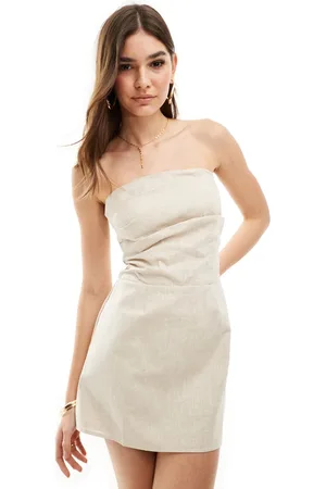 SNDYS Linen bandeau ruched detail mini dress in stone