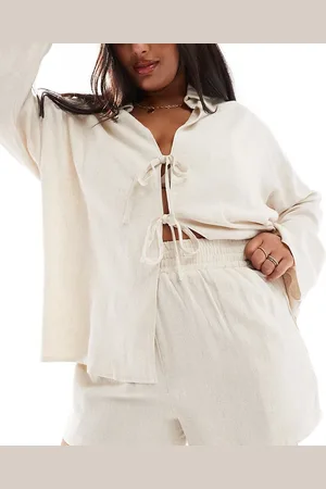 4th & Reckless Exclusive linen shirred waist shorts in beige